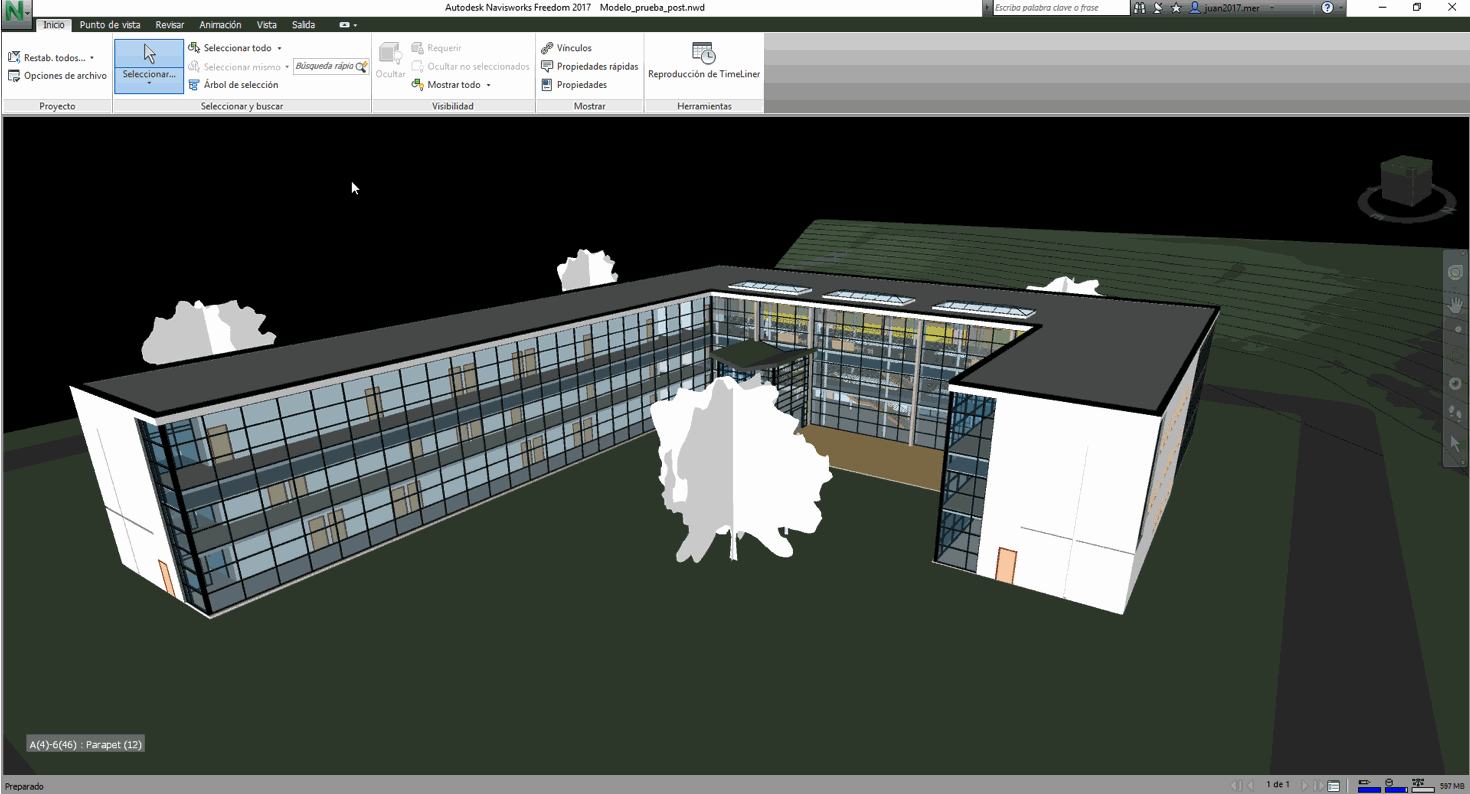 Interface de Navisworks Freedom. Vista aérea del modelo.