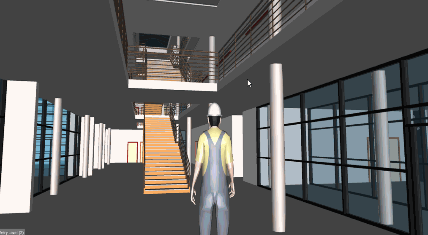 Vista interior del modelo usando un avatar como elemento de referencia para realizar un paseo por el interior del edificio.